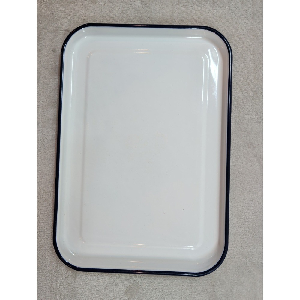 Vintage Enamelware Serving Tray White with Navy Blue Rim Rectangular 12x8 Metal - Picture 3 of 5